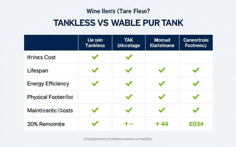 Comparison table showing tankless vs tank across cost, lifespan, efficiency, and size