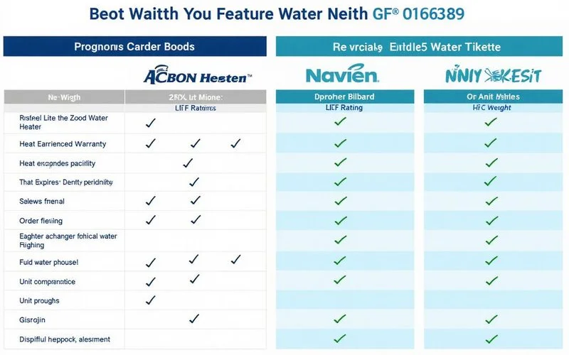 Comparison table showing Rinnai vs Navien across warranty, recirculation, UEF, weight, and price