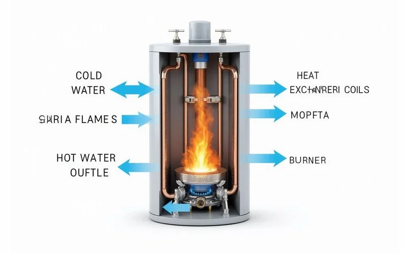 Cutaway diagram showing cold-in and hot-out flow through the tankless heat exchanger