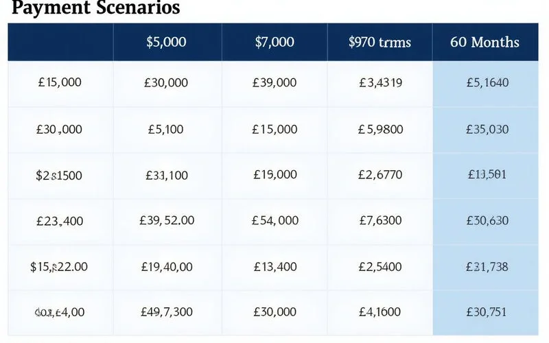 Monthly payment scenarios chart for $5K, $7K, and $9K loans across 24, 36, and 60-month terms