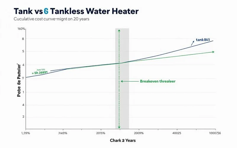 Cost curve comparing tank vs tankless across 20 years with breakeven point marked