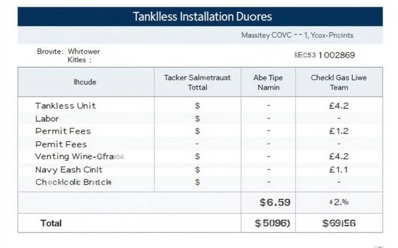 Sample line-item quote breakdown showing unit, labor, permit, venting, and gas line costs