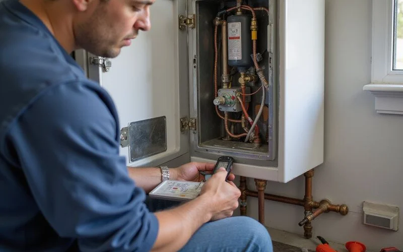 Specialist plumber repairing tankless water heater interior components during emergency service call at Inland Empire home