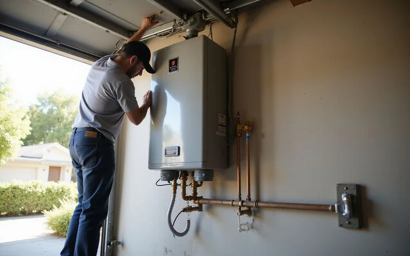 Specialist removing old tankless water heater and preparing wall mount for new higher GPM Navien replacement unit Inland Empire garage