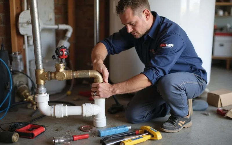 Specialist running gas line and venting work during a tank to tankless conversion at an Inland Empire home