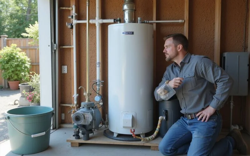 Specialist using pro descaling pump and bucket connected to tankless isolation valves during annual maintenance flush at Inland Empire home