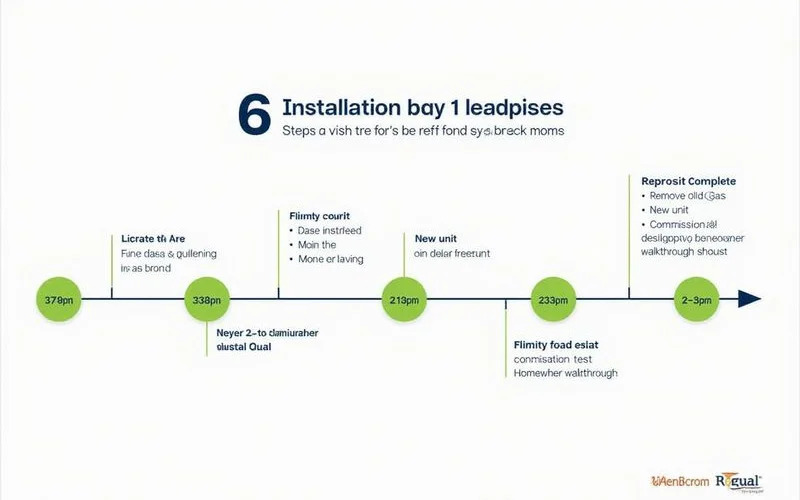 Timeline graphic showing six install-day steps with hour markers