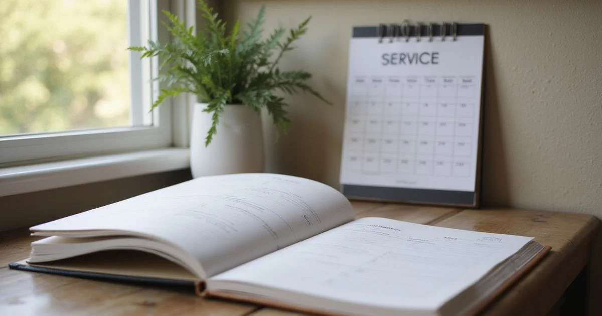 Annual maintenance reminder on a calendar next to a tankless service log