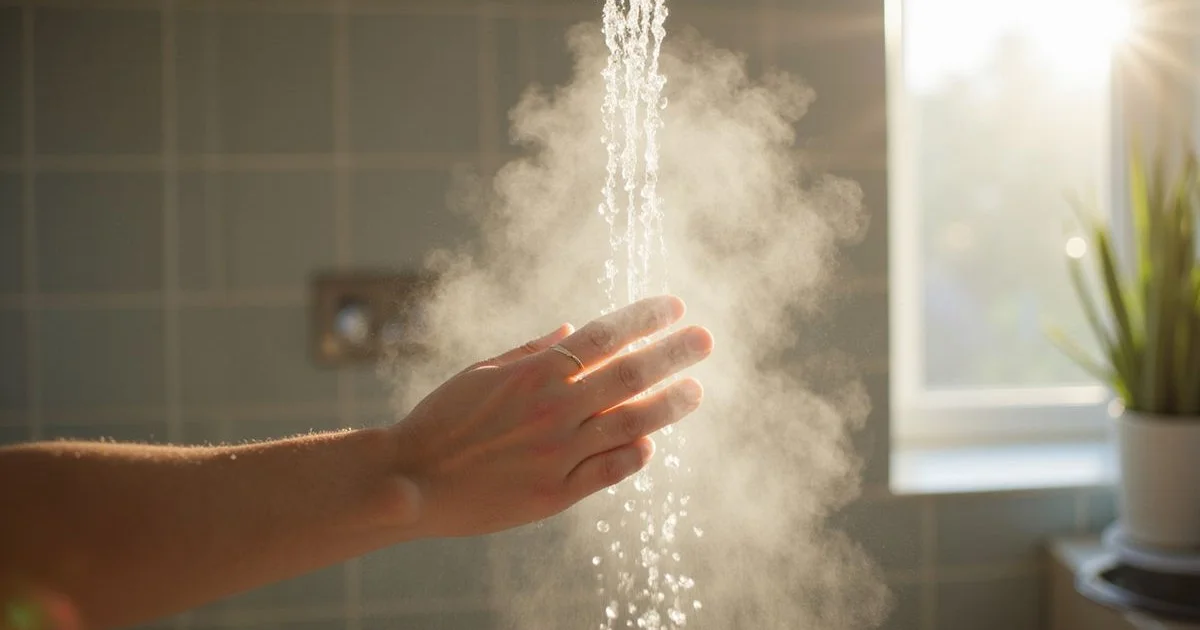 Hand under a running hot shower with steam in a clean modern California bathroom