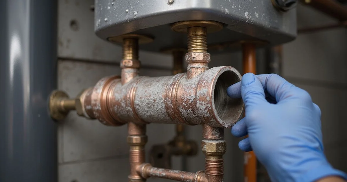 Tankless heat exchanger with visible mineral scaling buildup, technician hand pointing to the scale