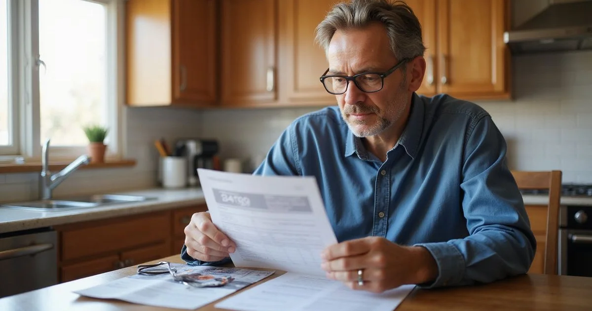 Homeowner reading tankless rebate paperwork at a kitchen table with a unit brochure