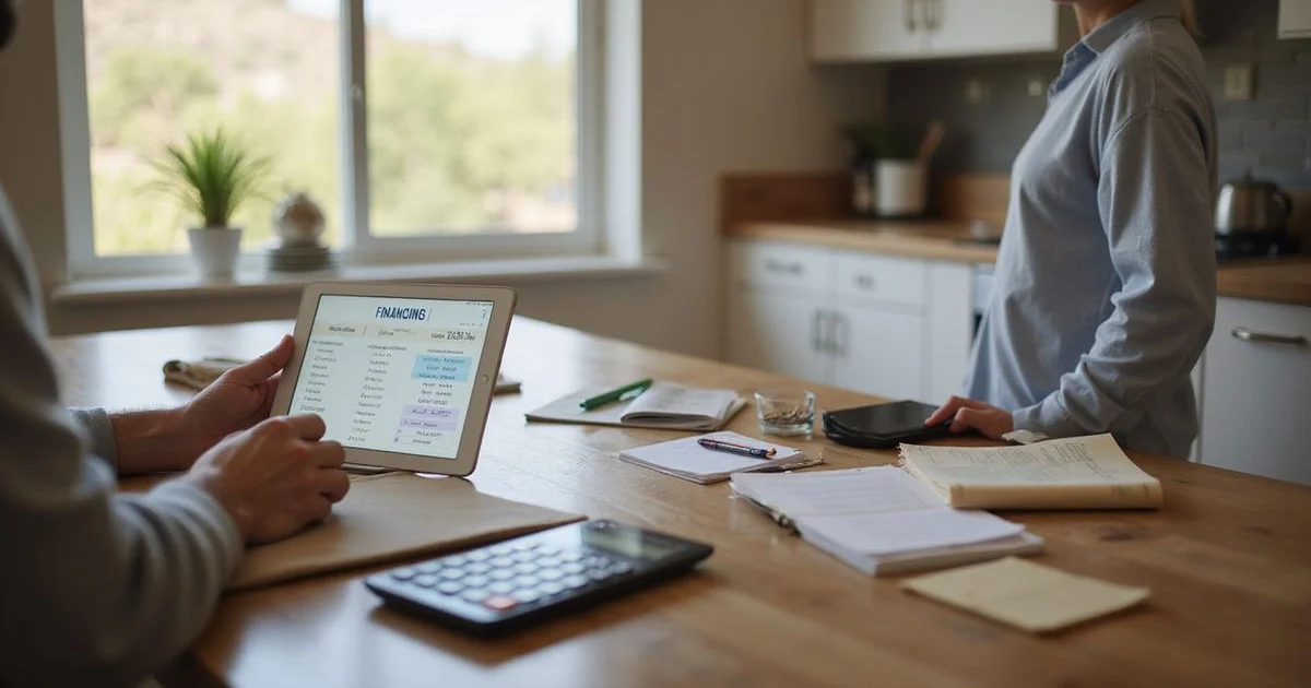 Homeowner reviewing tankless financing options on a tablet at a kitchen table