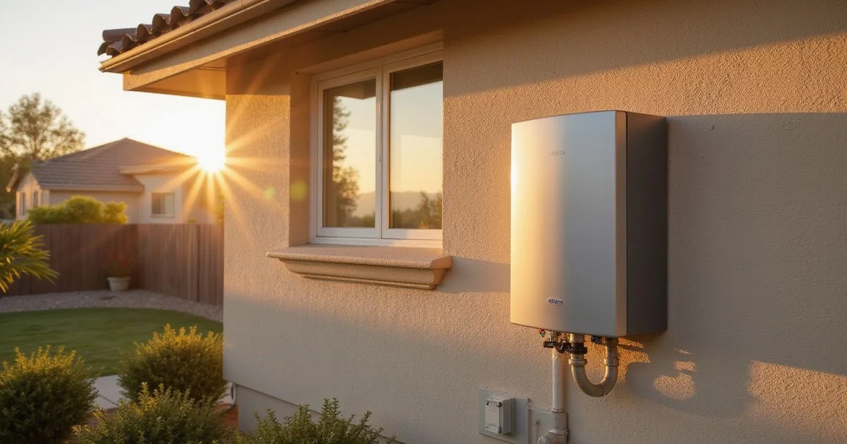 Modern wall-mounted tankless water heater on the exterior wall of a Southern California home at golden hour