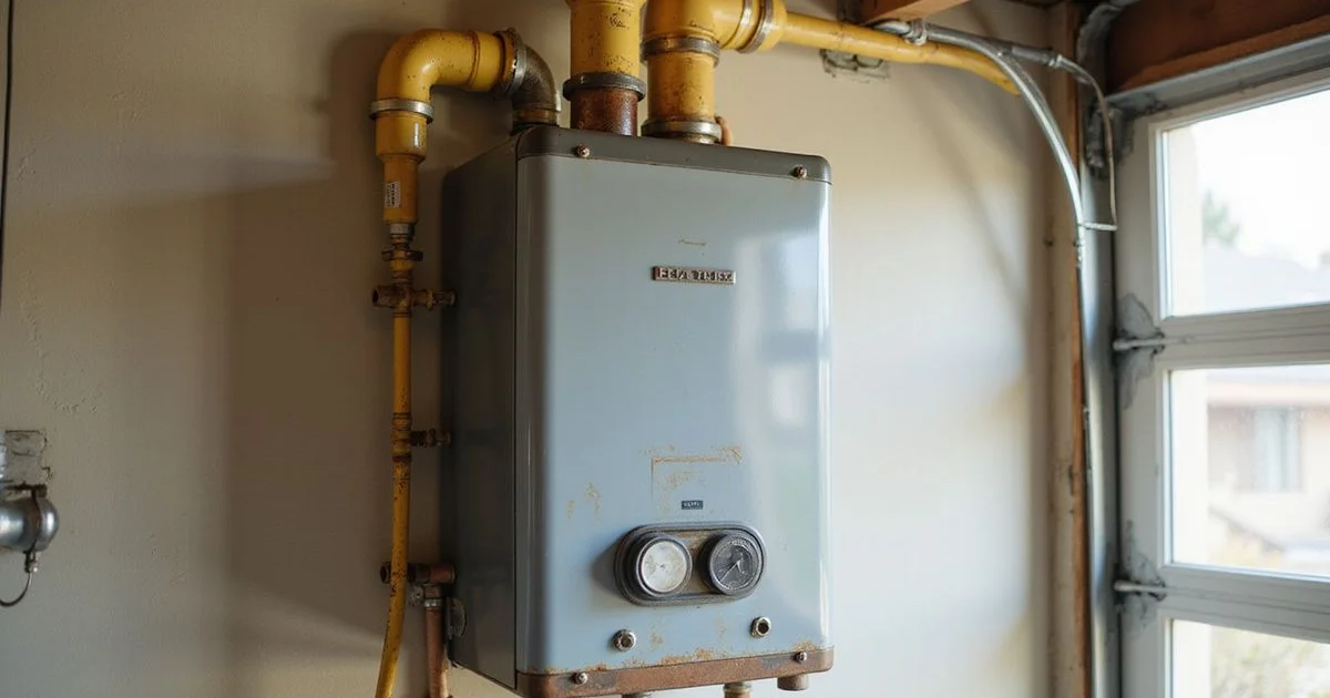 Older tankless water heater showing visible wear and aging components