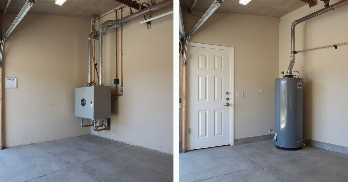 Side-by-side photo of a wall-mounted tankless unit vs a traditional 50-gallon storage tank in two Southern California garages