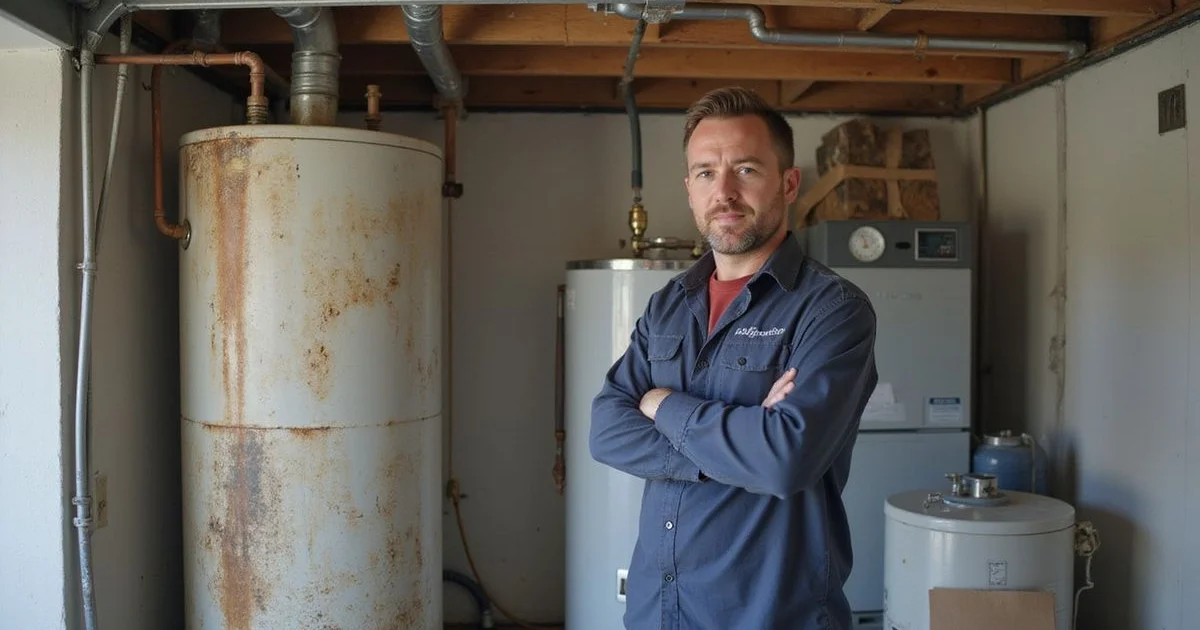 Specialist plumber comparing an older worn tankless unit next to a new replacement