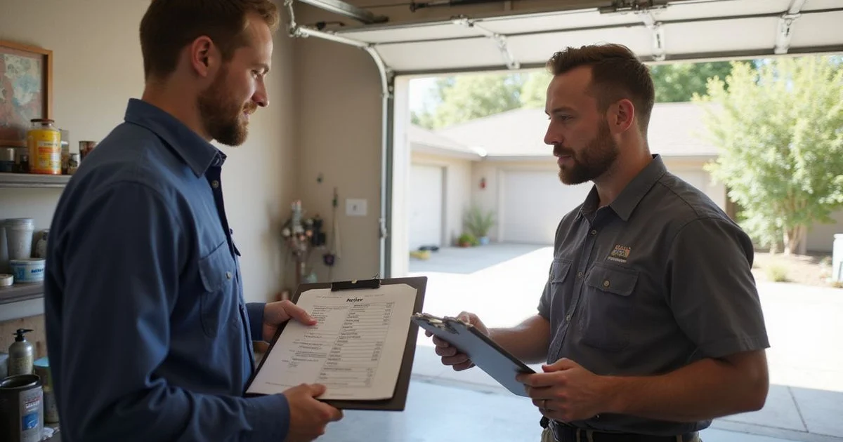 Specialist plumber handing a clipboard quote to a homeowner in a California garage