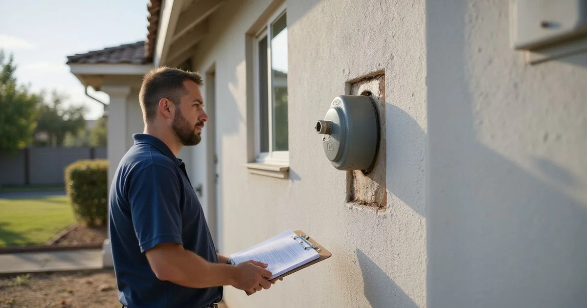 Specialist plumber inspecting the exterior wall and gas meter during a tankless candidacy check