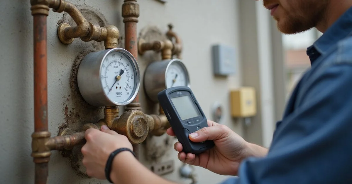 Specialist plumber measuring gas pressure at a residential gas meter with a manometer