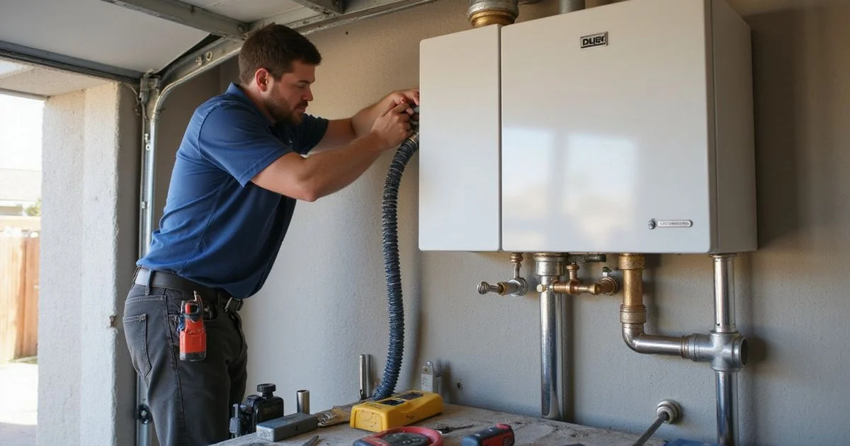 Specialist plumber mounting a new tankless unit on a garage wall with tools laid out neatly