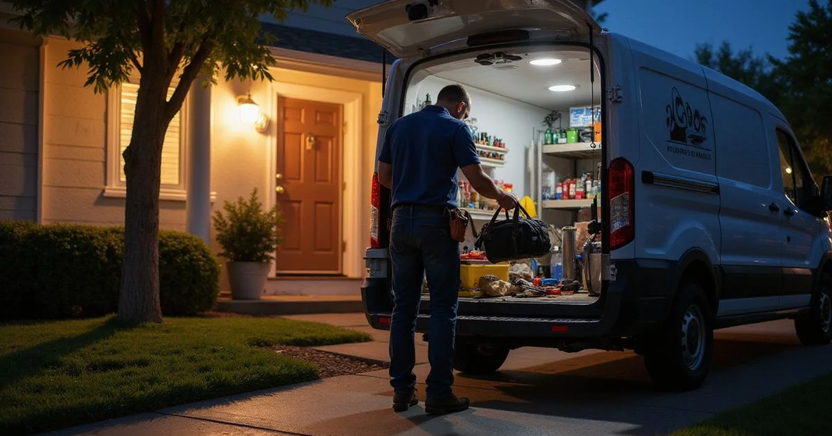 Specialist plumber unloading tools from a service truck at night for an emergency tankless repair call