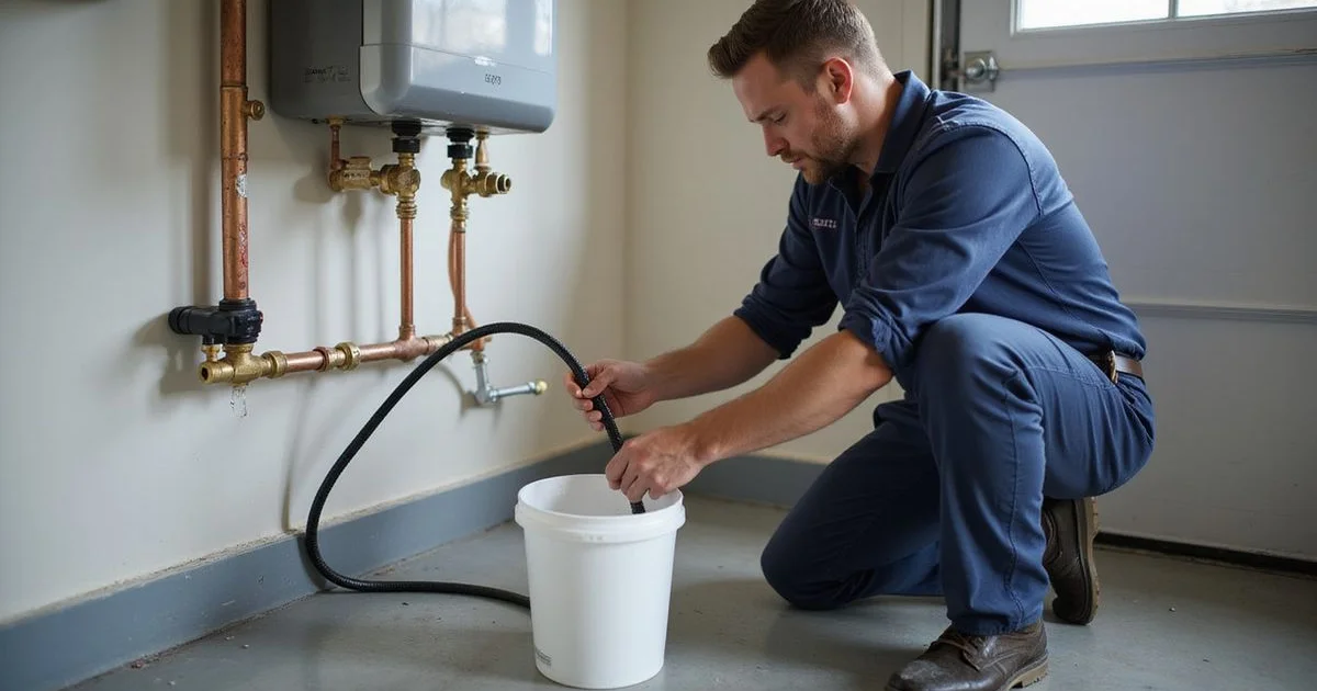 Specialist plumber connecting a descaling pump and bucket to tankless isolation valves