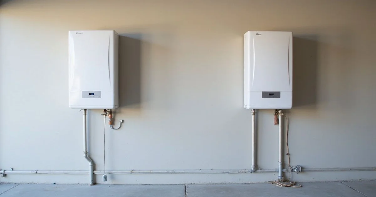Two tankless water heaters side by side on a clean garage wall — Rinnai and Navien