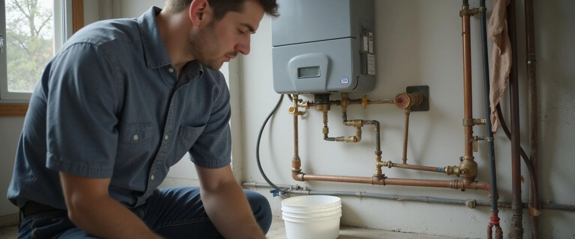 Specialist connecting descaling pump to tankless isolation valves during an annual maintenance visit