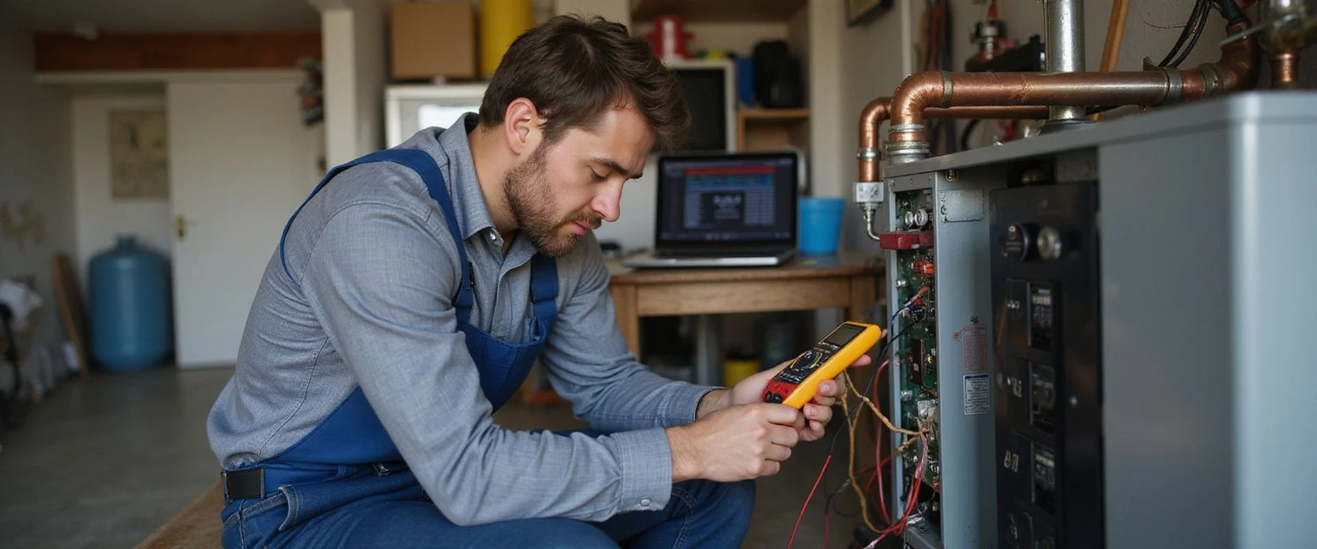 Specialist plumber diagnosing a Navien tankless error code with a multimeter and laptop in an Inland Empire home