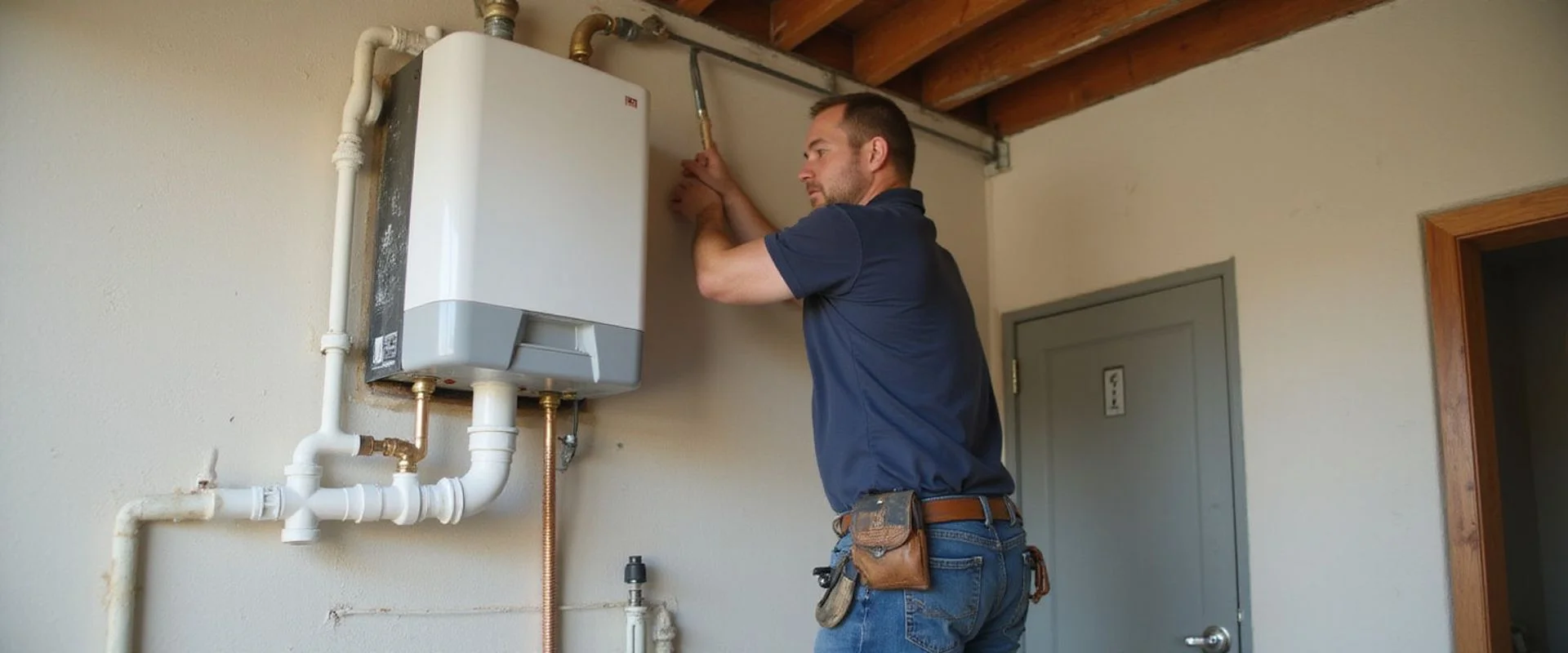 Specialist plumber installing a new wall-mounted tankless water heater on the exterior garage wall of an Inland Empire home