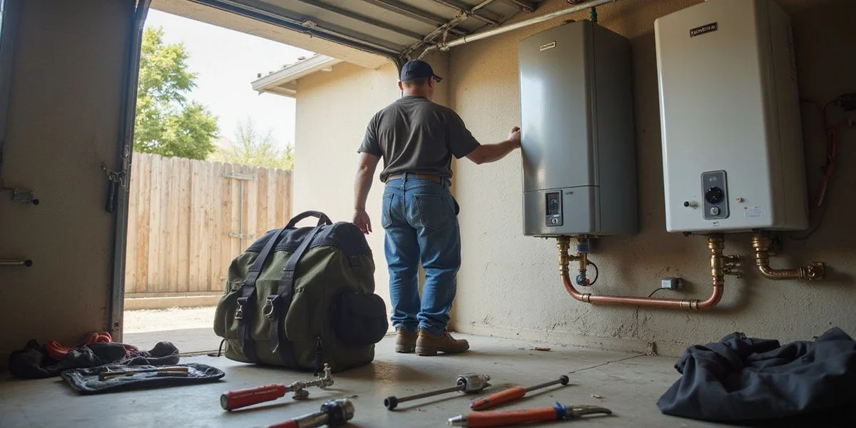 Empire Tankless specialist working on a wall-mounted tankless water heater in a clean Inland Empire garage