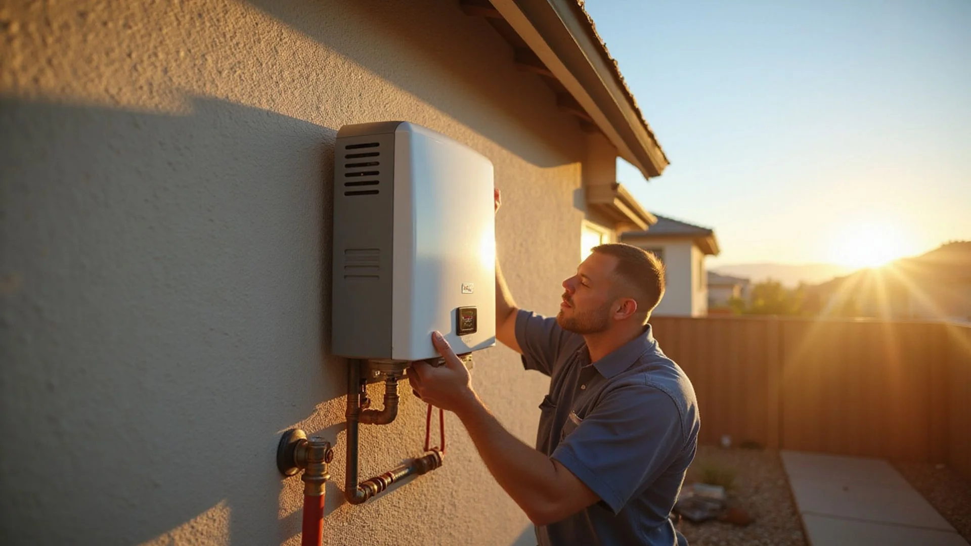 Specialist installing a tankless water heater at an Inland Empire home